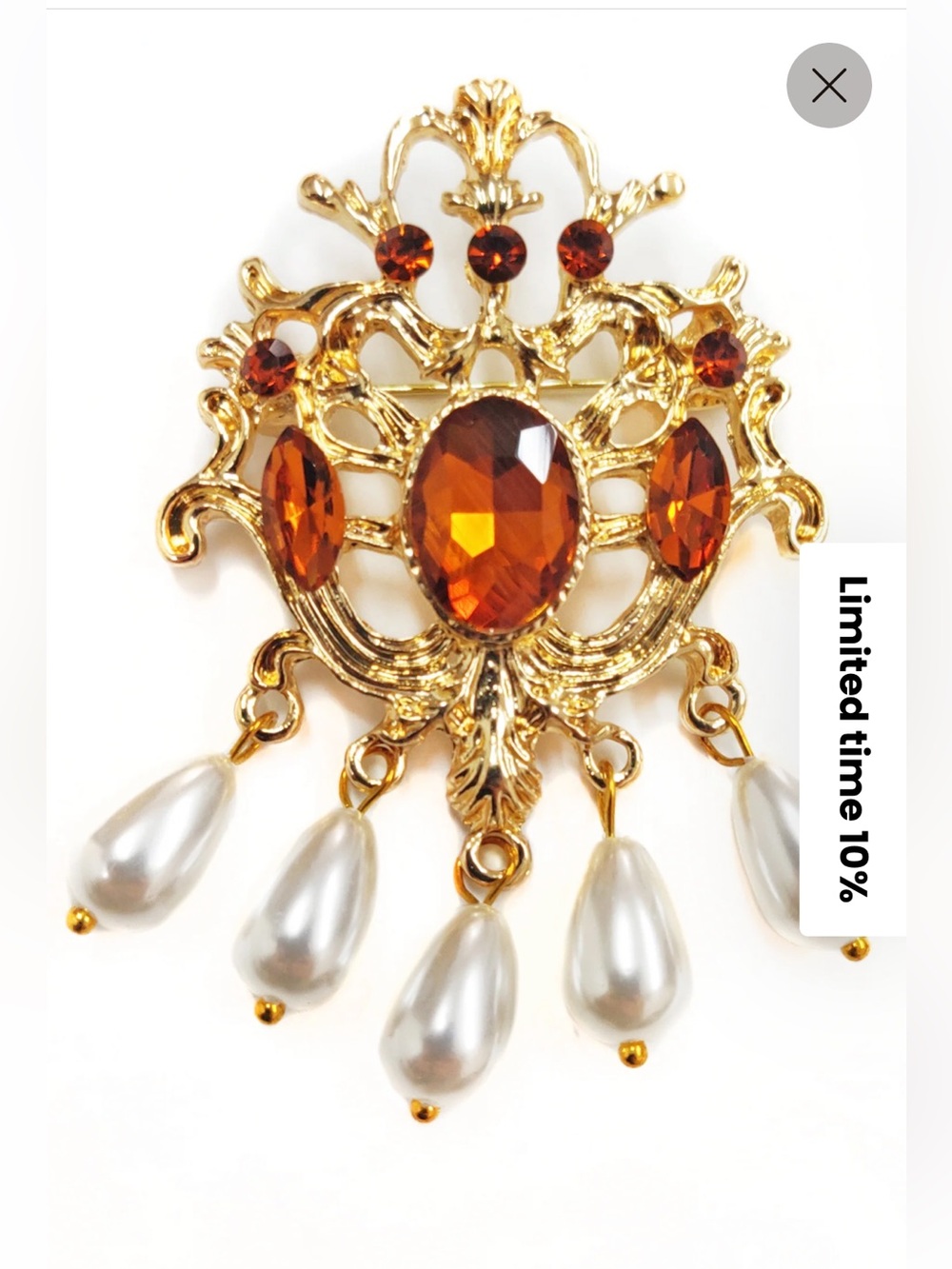 Gold-Tone Amber Gem and Pearl Drop Brooch